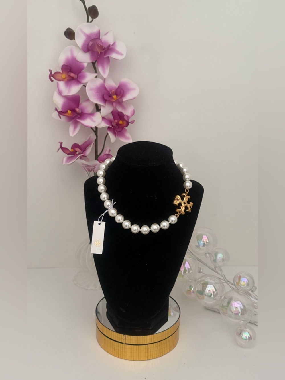 Tory Burch Authentic Roxanne Logo Swarovski Pearl Choker Necklace w/Dust Bag/Tag